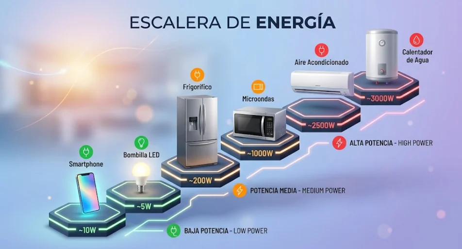 Infografía de escalera de energía con el consumo en vatios de electrodomésticos comunes divididos en baja, media y alta potencia