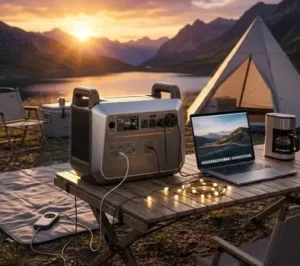 Estación de energía portátil 3000W alimentando ordenador portátil y cafetera en un campamento al aire libre frente a una tienda de campaña