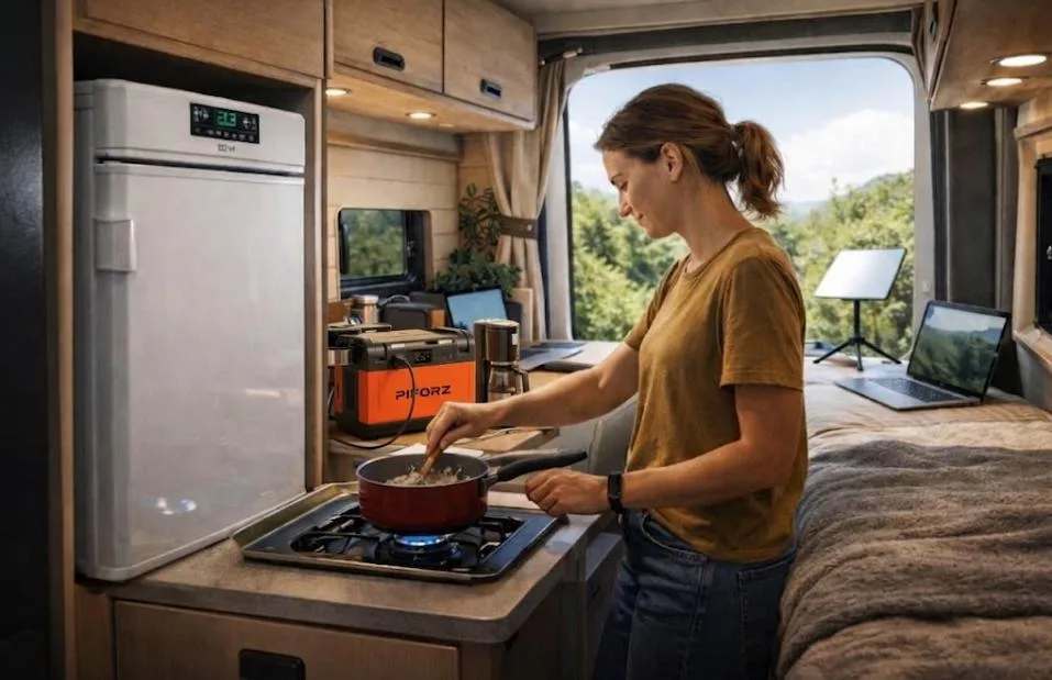 Uso de batería camper bluetti y estación de energía portátil junto a batería camper placa solar en cocina camper.