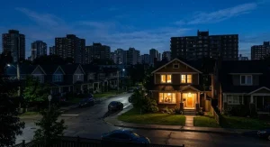 Casa unifamiliar iluminada en medio de un vecindario a oscuras durante un corte de luz gracias a un generador doméstico
