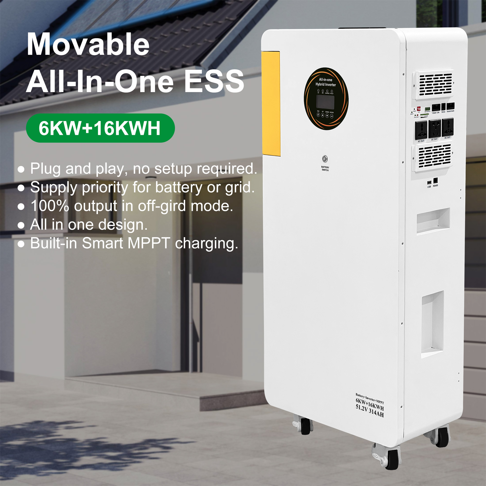 6kW 16kWh 可搬型オールインワン家庭用蓄電システム リン酸鉄リチウム ハイブリッドソーラーインバーター搭載 スマート住宅用エネルギーバックアップ - 画像 (3)