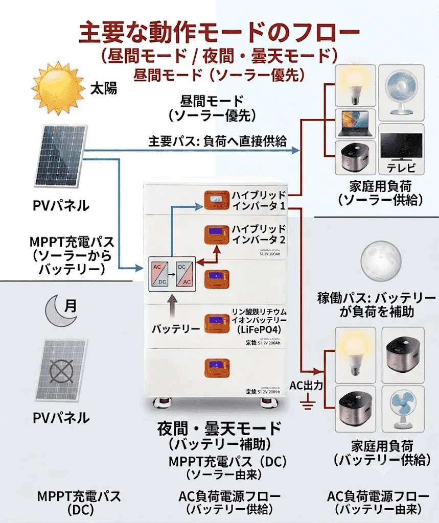 5kWオフグリッド太陽光発電システムの昼夜動作フロー図