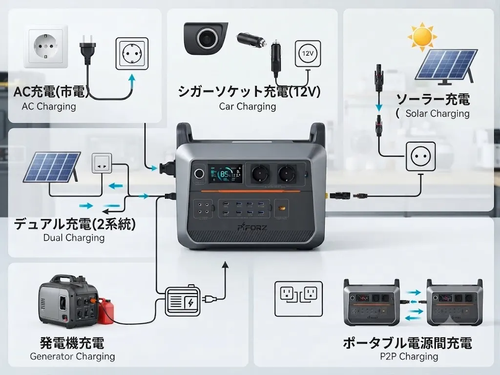 ポータブル電源の6つの充電方法をイラストで図解