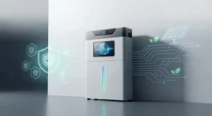 リン酸鉄リチウムイオン電池（LiFePO4）を搭載し、長寿命・高安全性・高性能を特長とする家庭用蓄電システムのイメージ図。