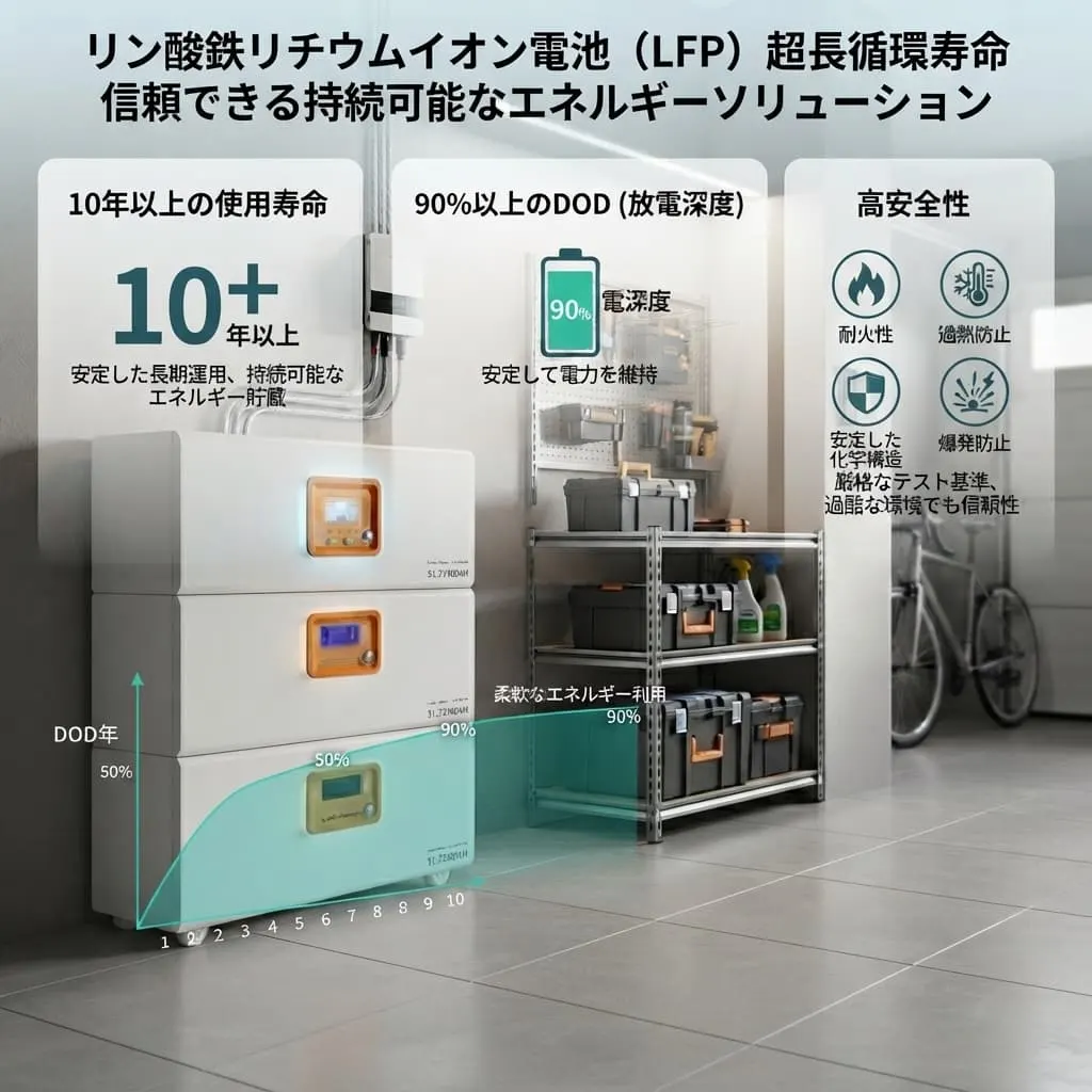 10年以上の使用寿命と90%以上のDOD(放電深度)を誇る、スタック式リン酸鉄リチウムイオン電池の構造と性能を示す図解。