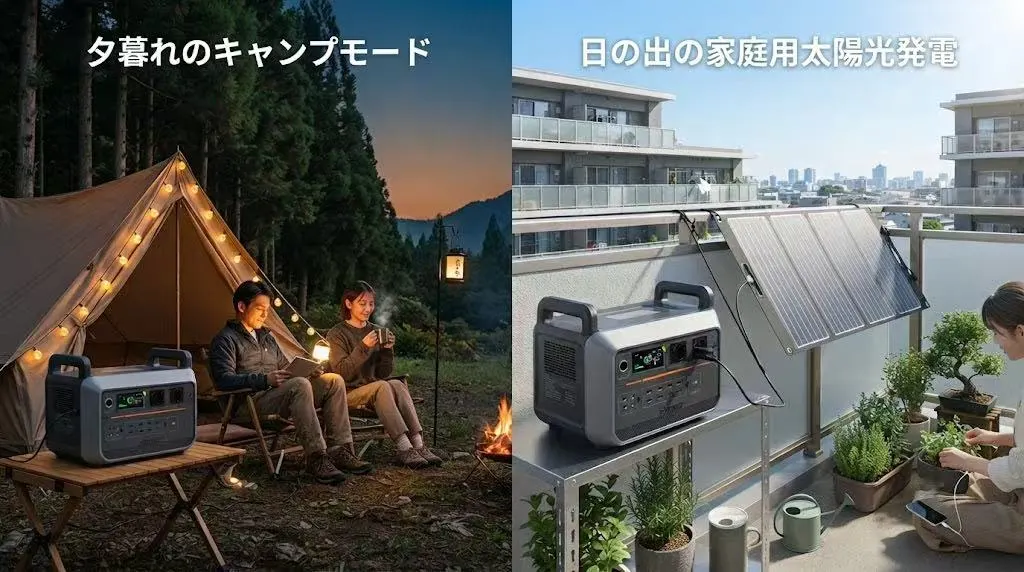 夕暮れのキャンプで照明に給電する様子と、マンションのベランダでソーラーパネル充電を行うポータブル電源の比較。