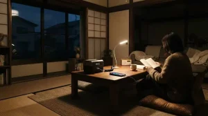 夜間の和室で、ポータブル電源から給電されたデスクライトの明かりで読書をする女性。