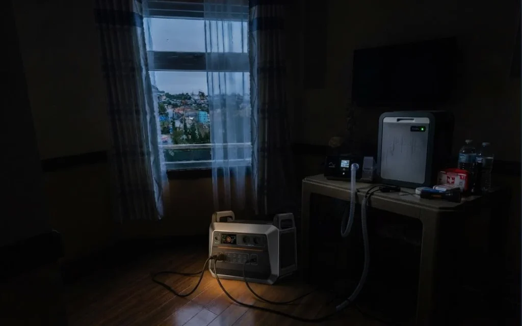 2000Whのポータブル電源でCPAP医療機器と冷蔵庫に電力を供給している停電時の家庭用電源セットアップ