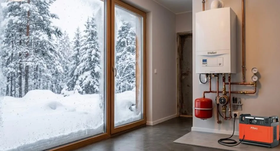 Настенный газовый котел с насосом отопления подключен к портативному резервному питанию на фоне заснеженного окна