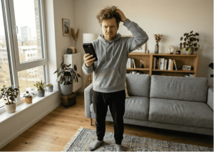 A confused man scratching his head while looking at a power bank, illustrating the complexity of battery capacity and charging specs.
