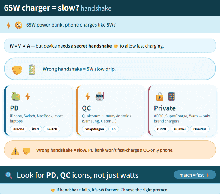 Chart showing fast charging handshake protocols like Power Delivery (PD) for iPhones and Quick Charge (QC) for Android devices.
