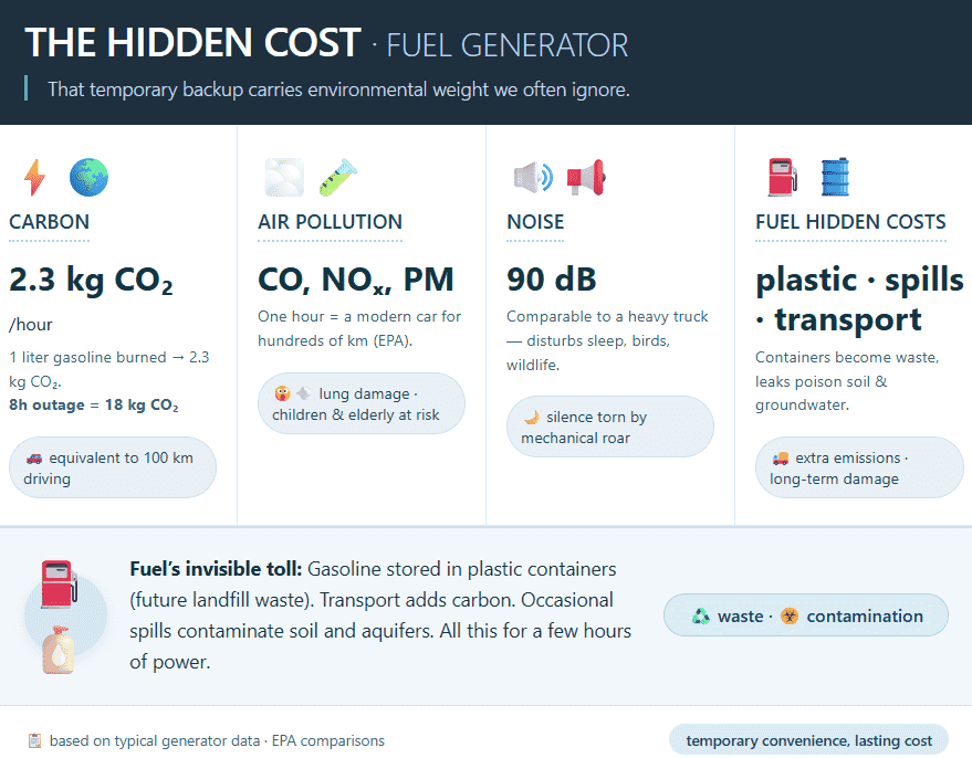 nfographic showing fuel generator costs: 2.3kg CO2 per hour, 90dB noise pollution, and toxic fuel spills.