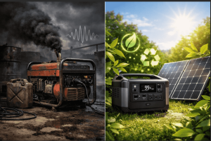 Side-by-side comparison of a smoky gas generator and a quiet Piforz portable power station with solar panels in nature.