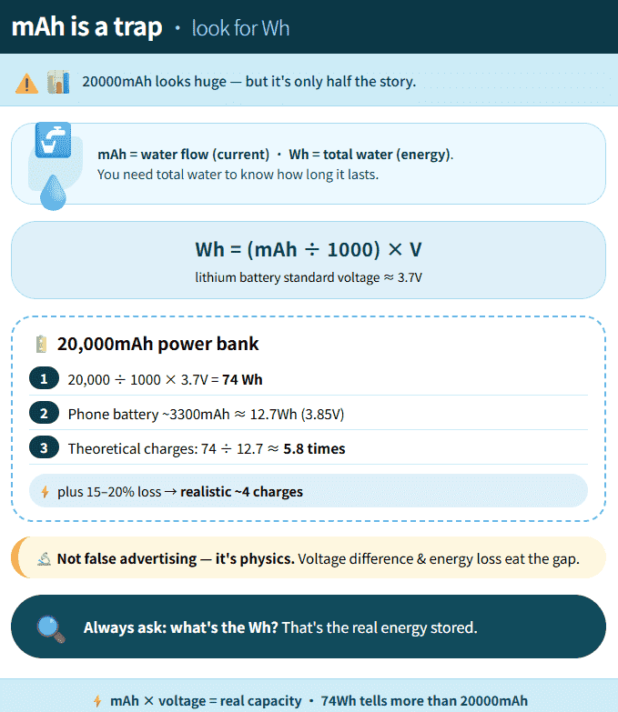 Infographic explaining the mAh to Wh conversion formula, showing that a 20,000mAh bank equals 74Wh of actual stored energy.