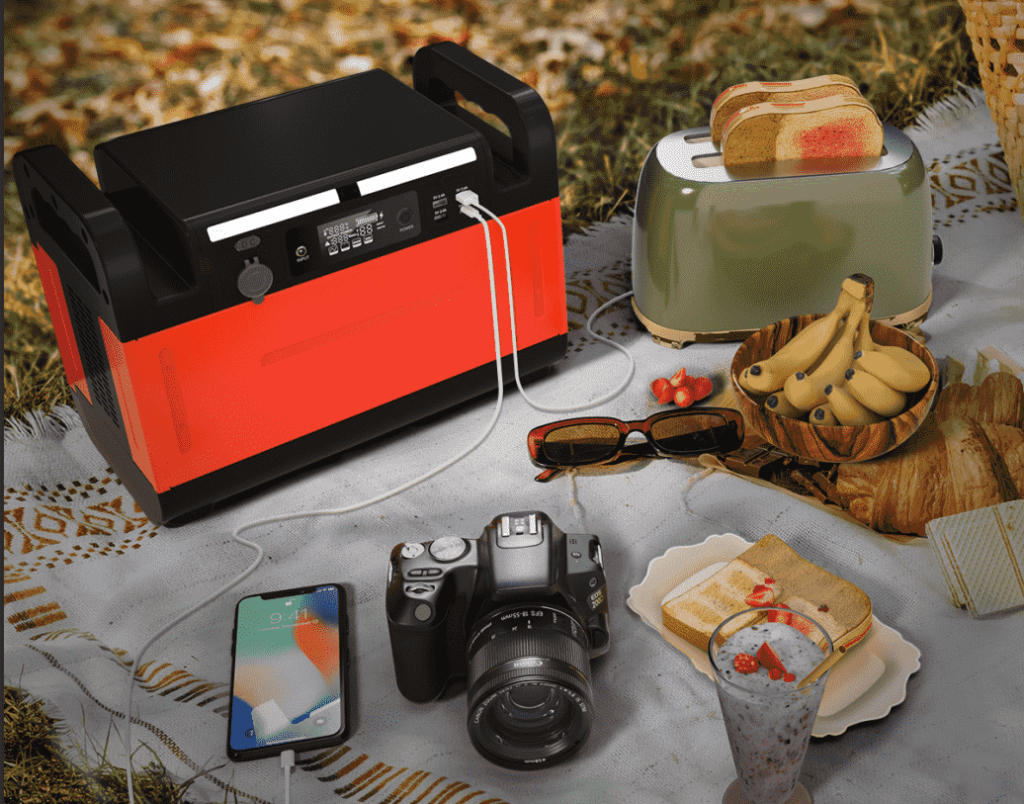 A high-resolution product image of the PIFORZ 600W portable power station (384Wh, LiFePO4 battery, pure sine wave) sitting on an outdoor picnic blanket, actively charging a smartphone, next to a wine bottle and a wicker basket, illustrating its multi-protection features.