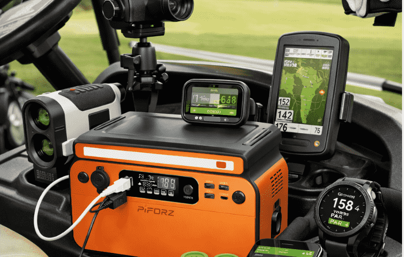 An orange Piorz portable power station sitting on a golf cart dashboard, actively charging a golf GPS screen, rangefinder, and smartwatch during a round of golf