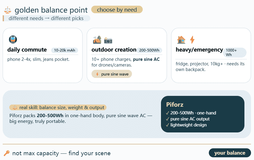 Infographic comparing power needs: daily commute (slim), outdoor creation (pure sine AC), and heavy emergency backup (1000Wh+).