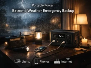 Portable power station running lights, phone and router during extreme rain storm power outage