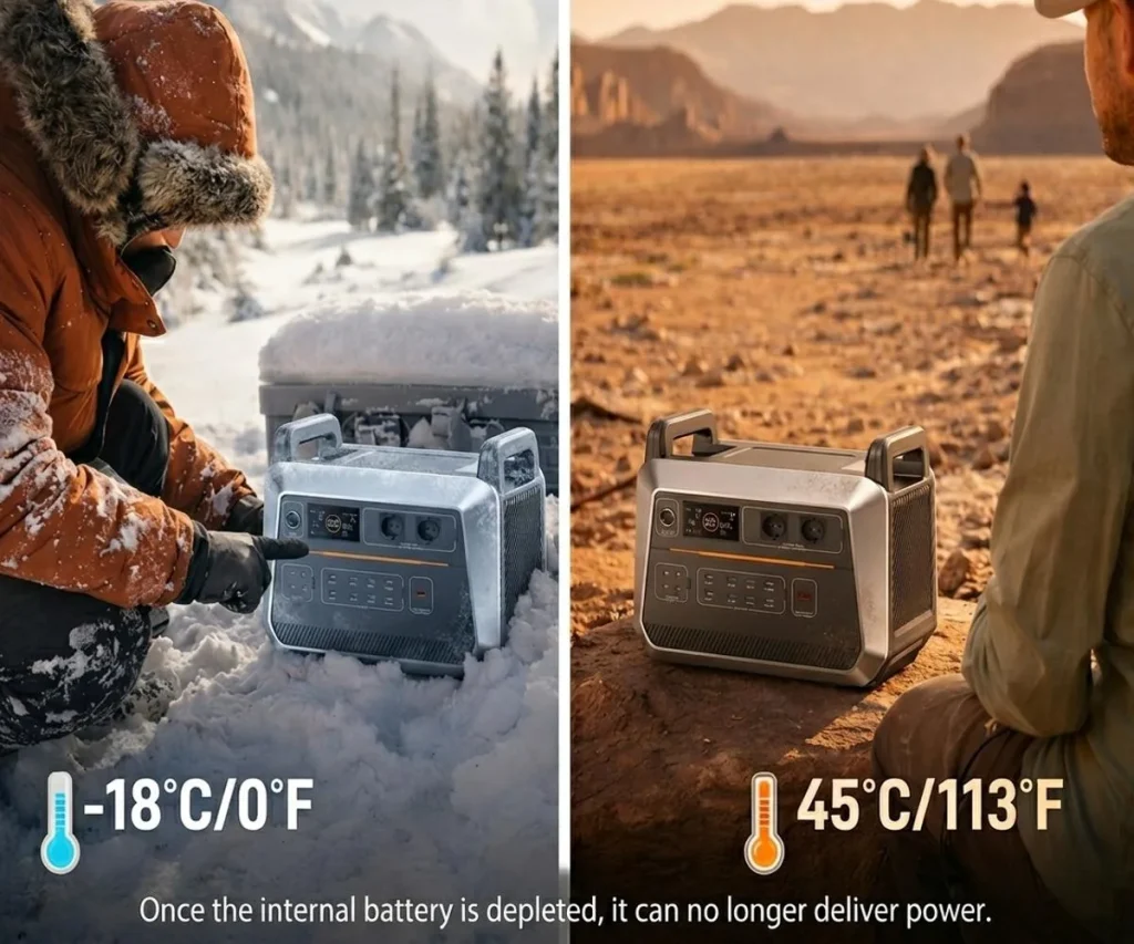 Split‑image compares portable power station working limits under‑18°C freezing snow and 45°C hot desert conditions for challenging all‑weather camping environments