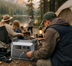 Family enjoying lakeside camping trip, man connecting portable power station, group relaxing near campfire with tent, showing reliable off‑grid power support for outdoor camping activities