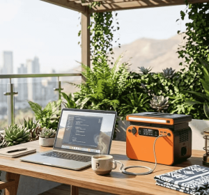 "An orange portable power station charging a laptop on a balcony table with plants, showing a remote outdoor office lifestyle."