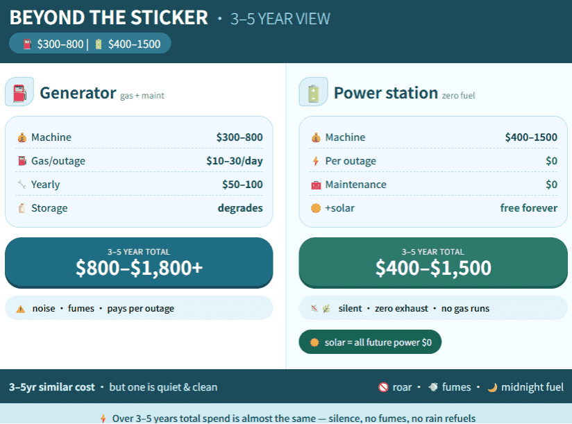 A long-term cost comparison reveals that, thanks to being maintenance-free and requiring no fuel, the total expenditure for portable power stations over a 3-to-5-year period is on par with—or even lower than—that of fuel-powered generators.