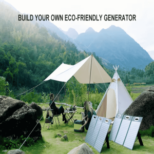 A 1500W portable solar generator placed on a wooden table during an outdoor camping trip.