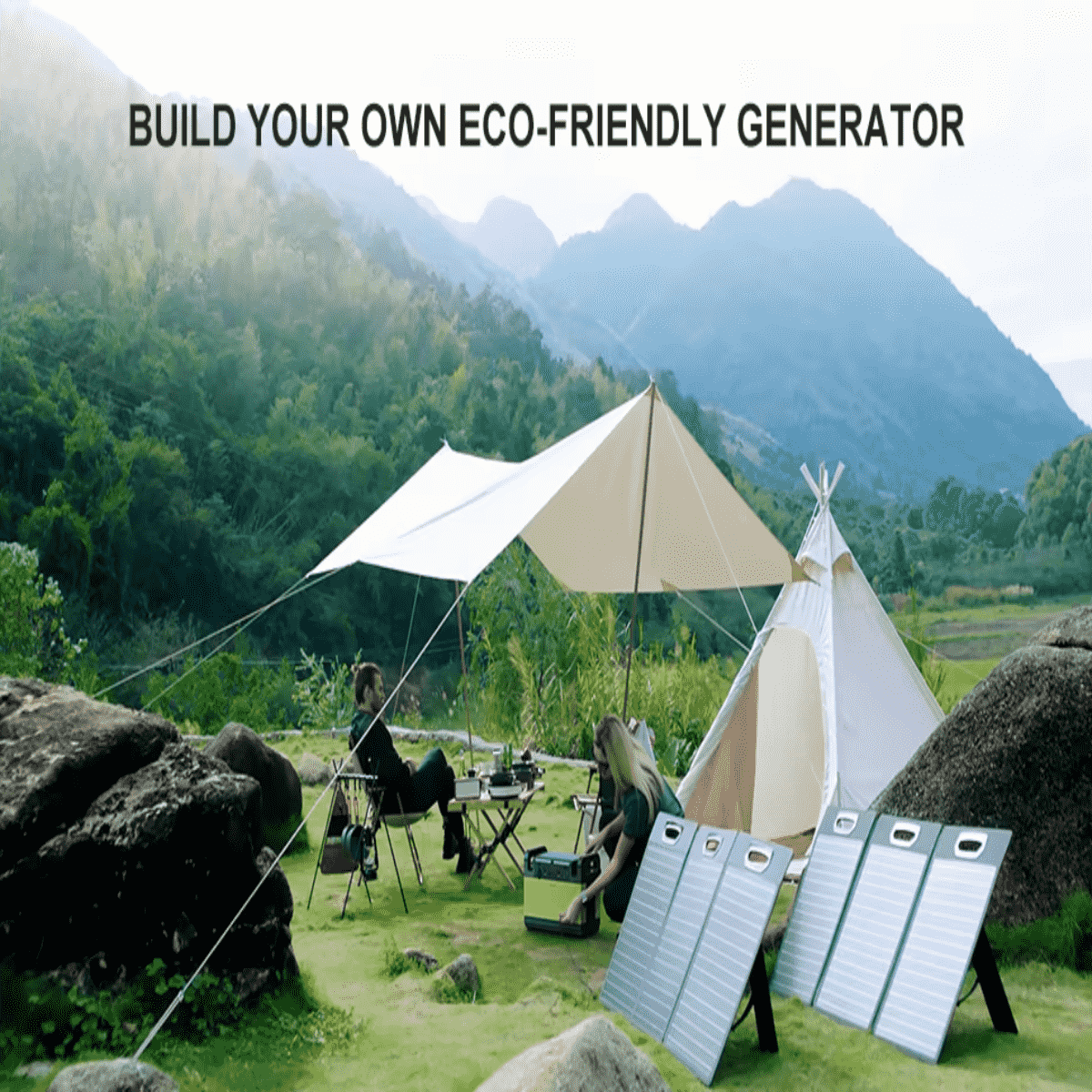 A 1500W portable solar generator placed on a wooden table during an outdoor camping trip.
