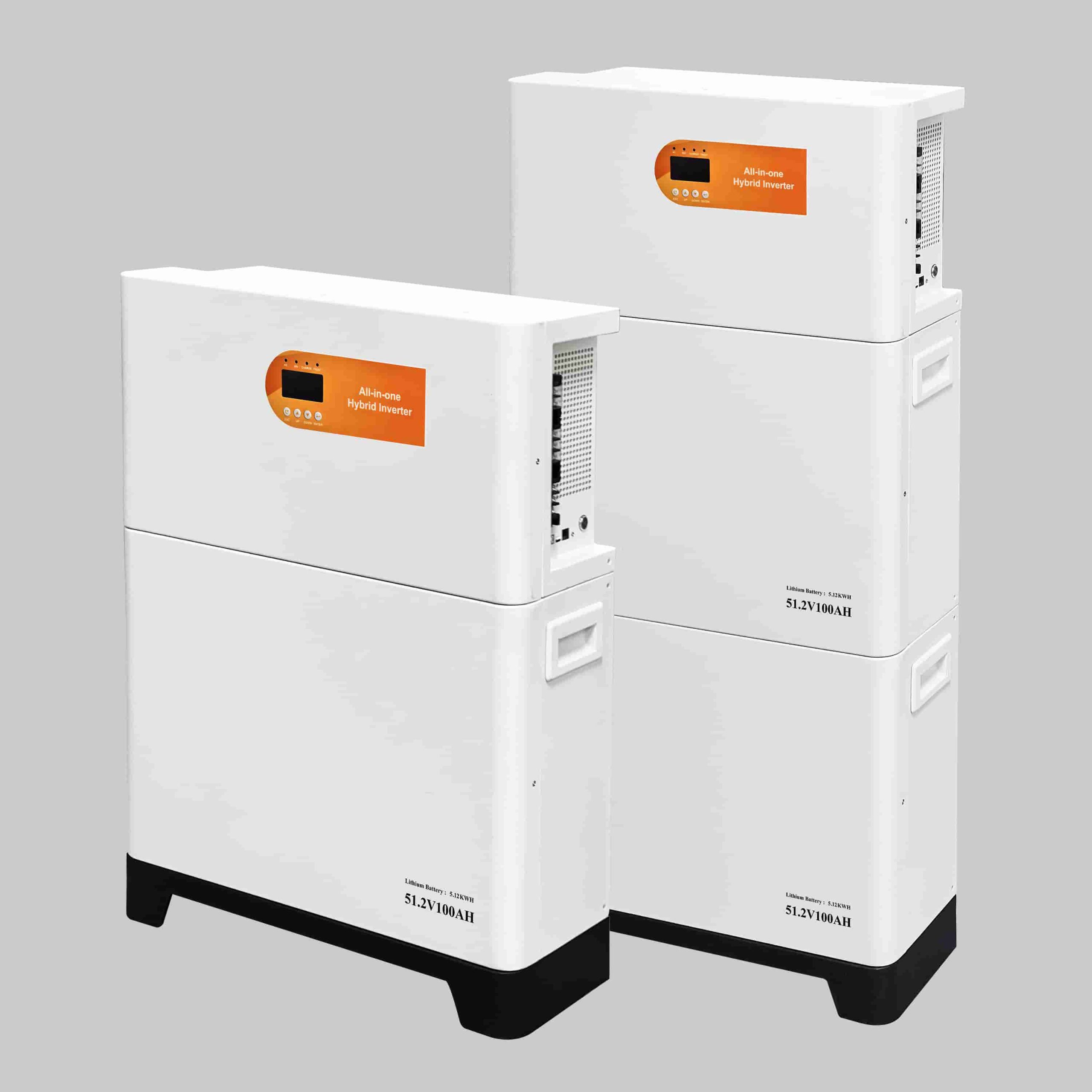 Side view of the all-in-one vertical stacked solar storage system showing both 5kWh and 10kWh capacity models.