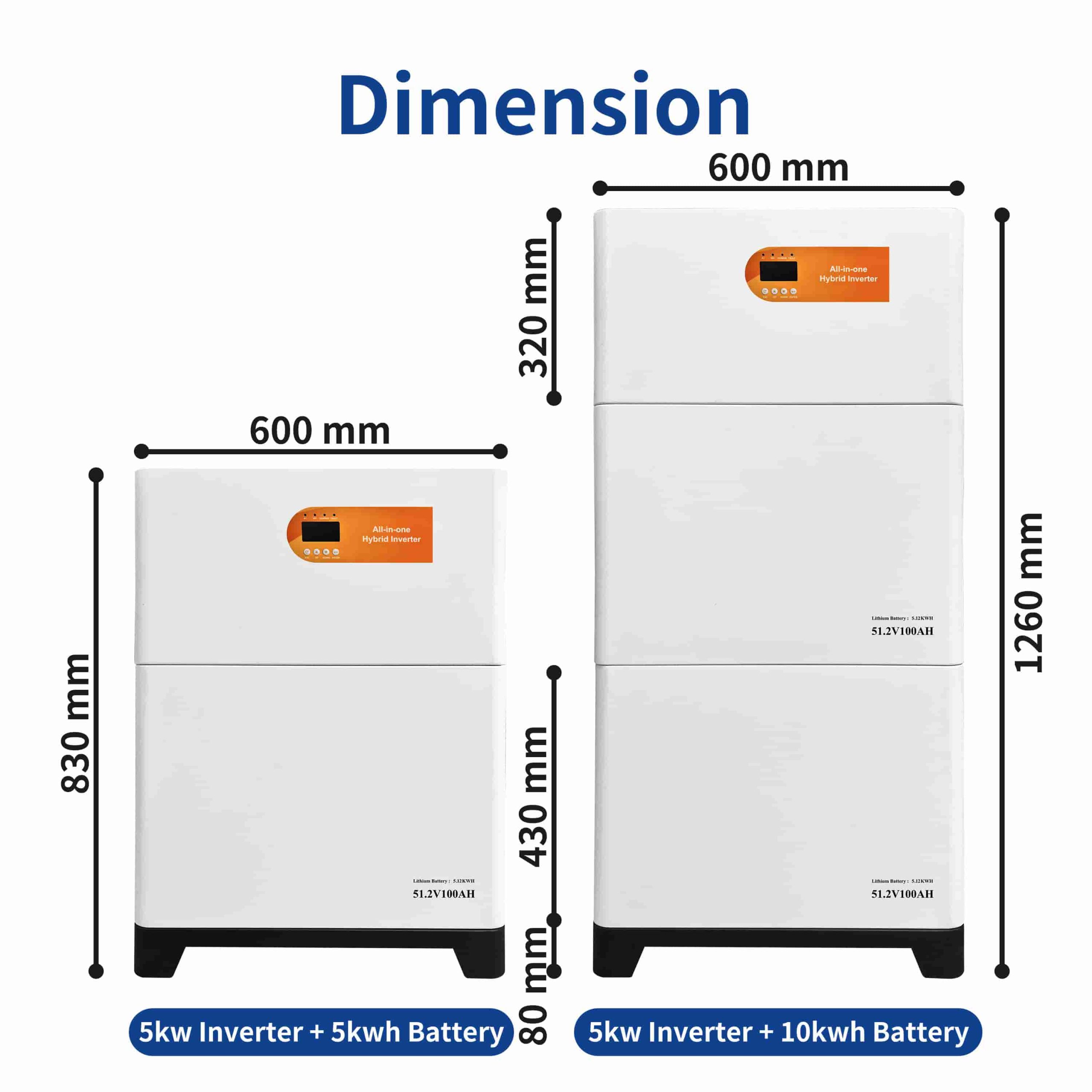 Dimension chart of the vertical stacked solar storage system, displaying the height and width of the 5kW inverter combined with 5kWh and 10kWh battery bases.