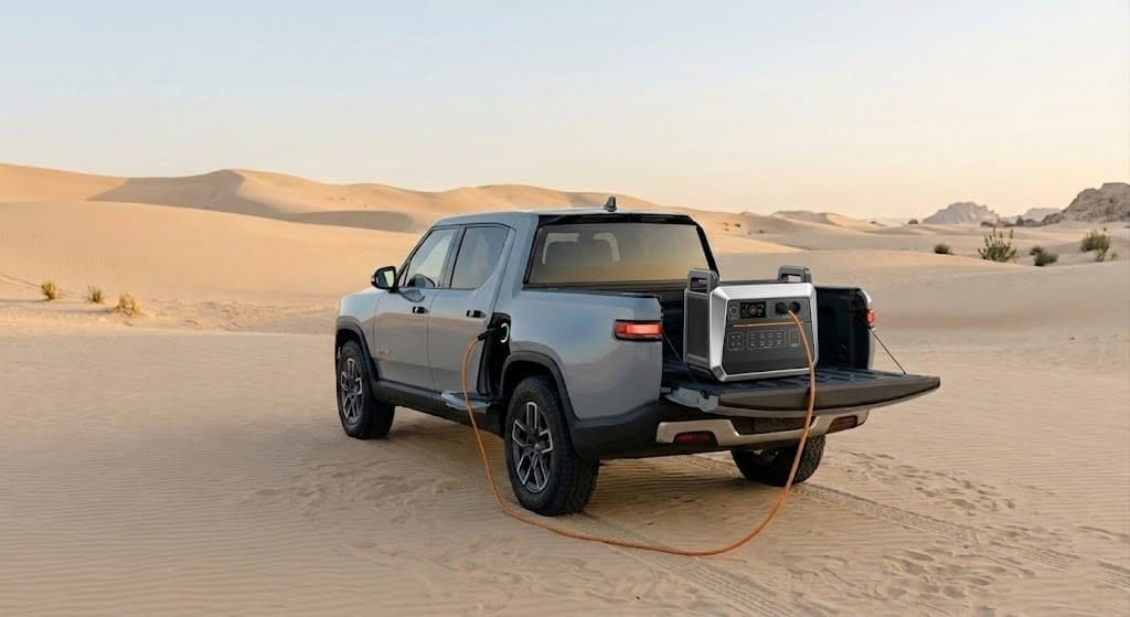 Close-up of a Piforz portable power station digital display showing a continuous 2000W AC output, the essential requirement for emergency EV charging.