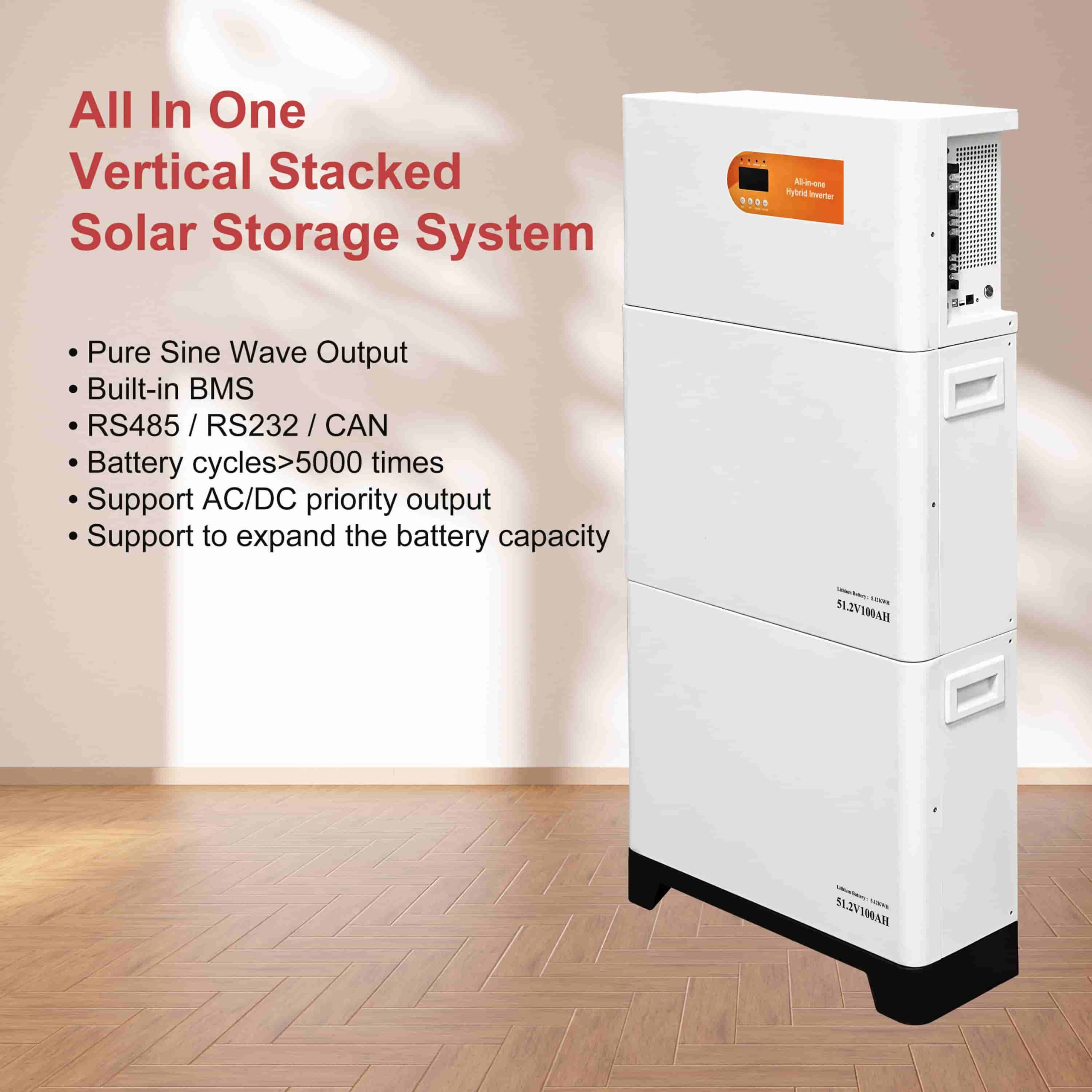 Interior lifestyle shot of the all-in-one vertical stacked solar storage system listing key features like pure sine wave output, built-in BMS, and expandable battery capacity.