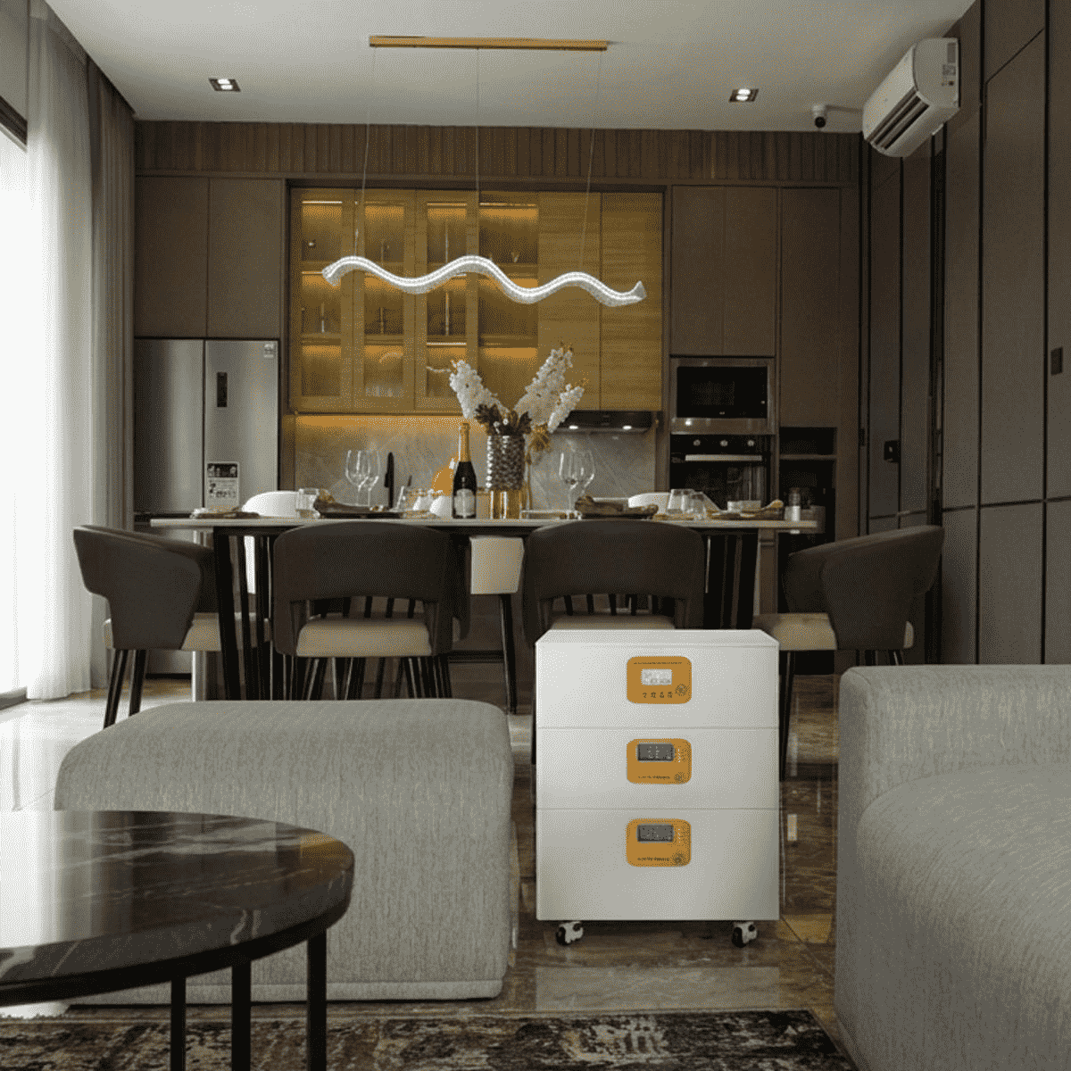 A high-capacity battery backup system powering a refrigerator and kitchen appliances during a real home power outage.