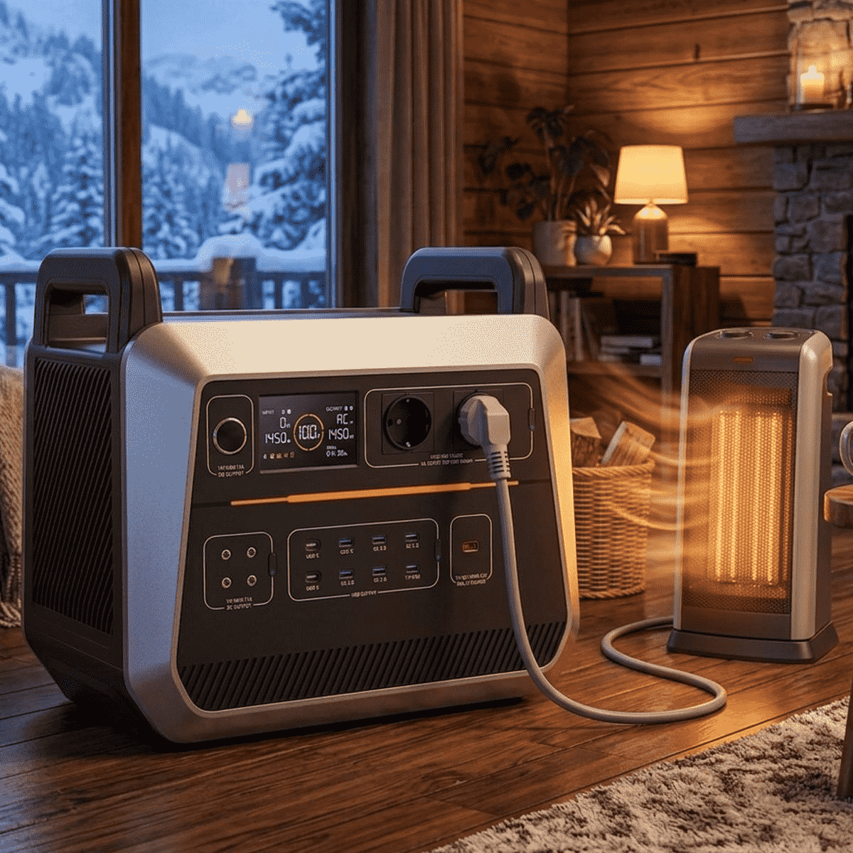 A 2000W portable power station model PF2000 running a space heater in a cozy bedroom during a power outage.