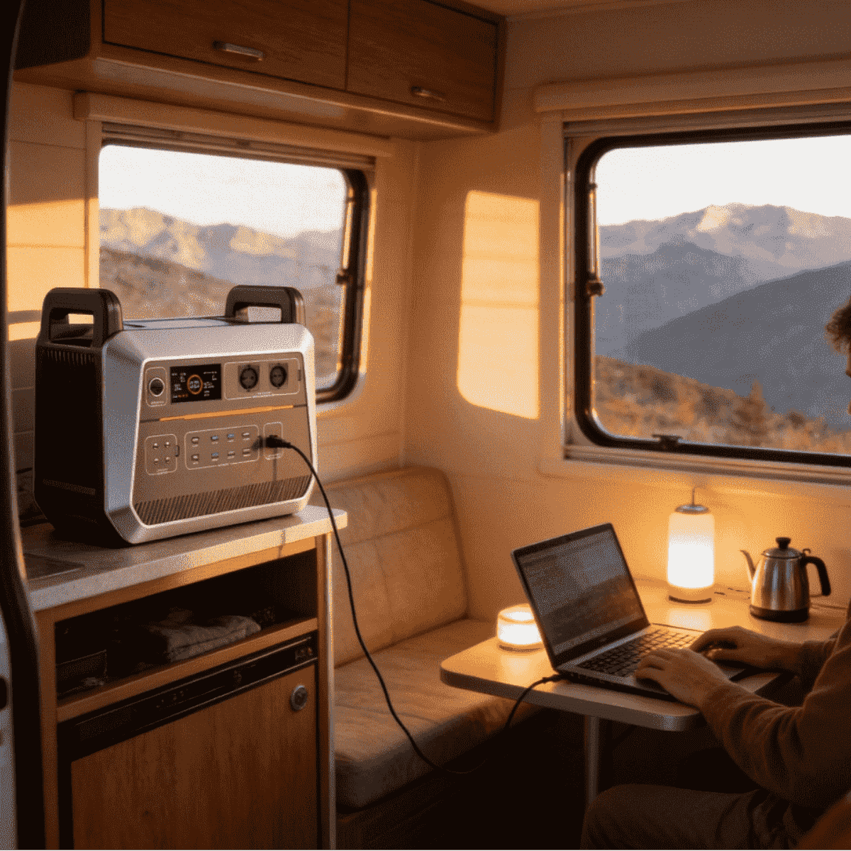 A man working on a laptop inside an RV, powered by the best portable power station for van life, the 2000W PF2000 model.