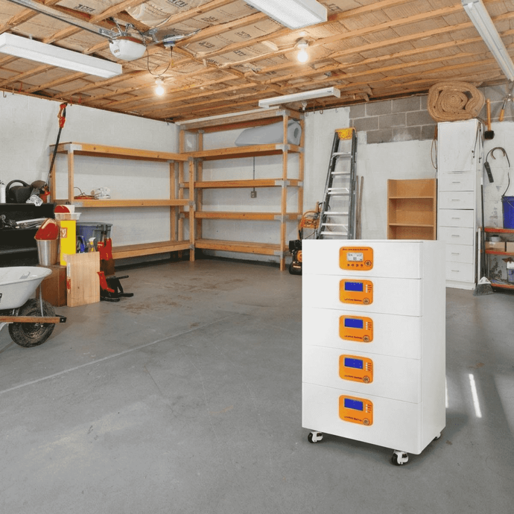  A 12KW stackable energy storage series house inverter with battery on wheels, positioned in a spacious garage to support high-load appliances. 