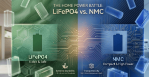 （A split comparison infographic titled "THE HOME POWER BATTLE: LiFePO4 vs. NMC". The left (green) panel shows LiFePO4 as "Stable & Safe" with a focus on durability, connected by circuitry. The right (blue) panel shows NMC as "Compact & High-Power" with a focus on energy density. Several translucent battery cell types float on both sides.
