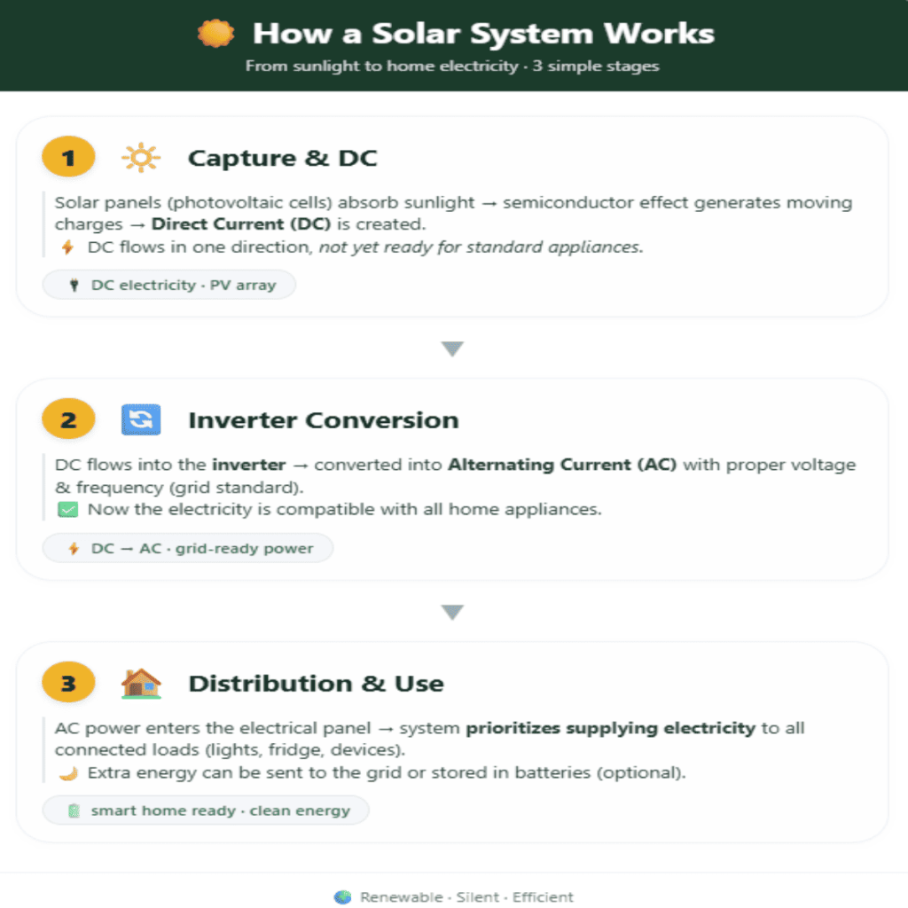 Infographic explaining the 3 stages of a solar system: 1. Capture & DC generation via panels, 2. Inverter conversion to AC, and 3. Distribution to home appliances or battery storage. 