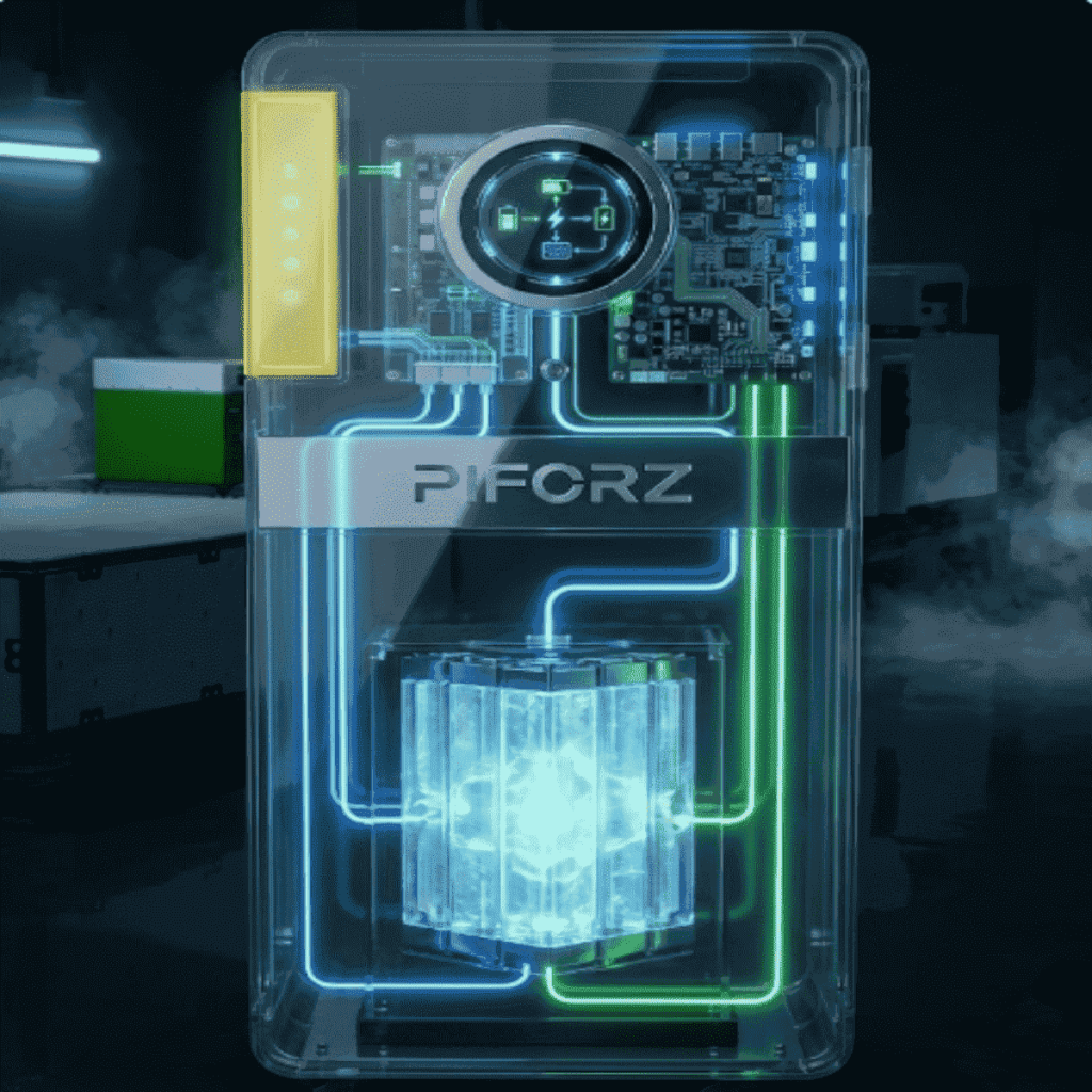 Transparent view of a PIFORZ energy storage unit showing the battery cells, Battery Management System (BMS), and power conversion circuitry.
