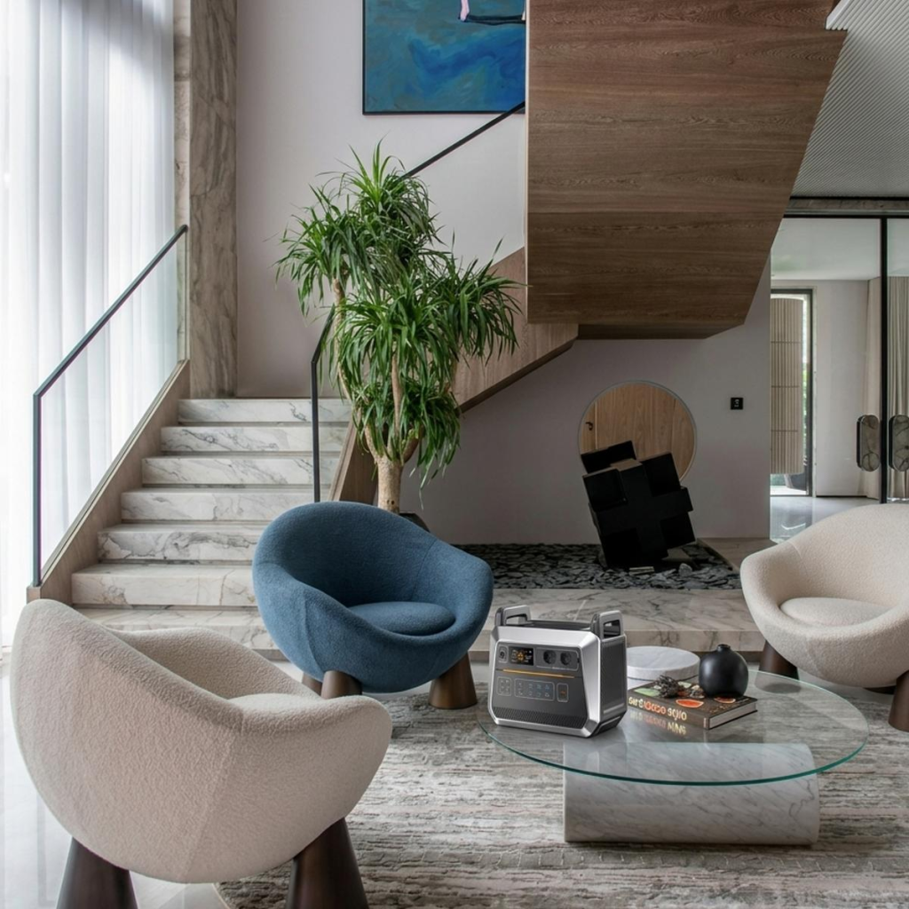 A high-safety LiFePO4 battery power station providing stable electricity for home appliances during an outage.