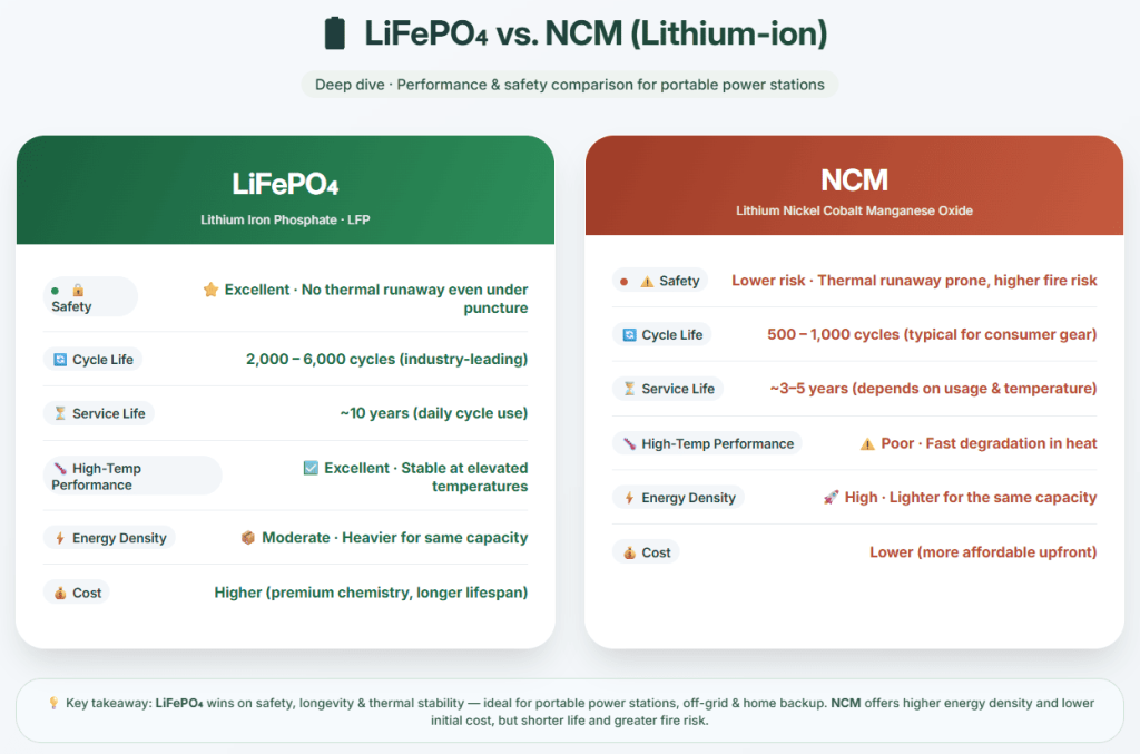 A detailed comparison infographic between LiFePO4 and NCM lithium-ion batteries, highlighting safety, cycle life, and high-temperature performance for portable power stations