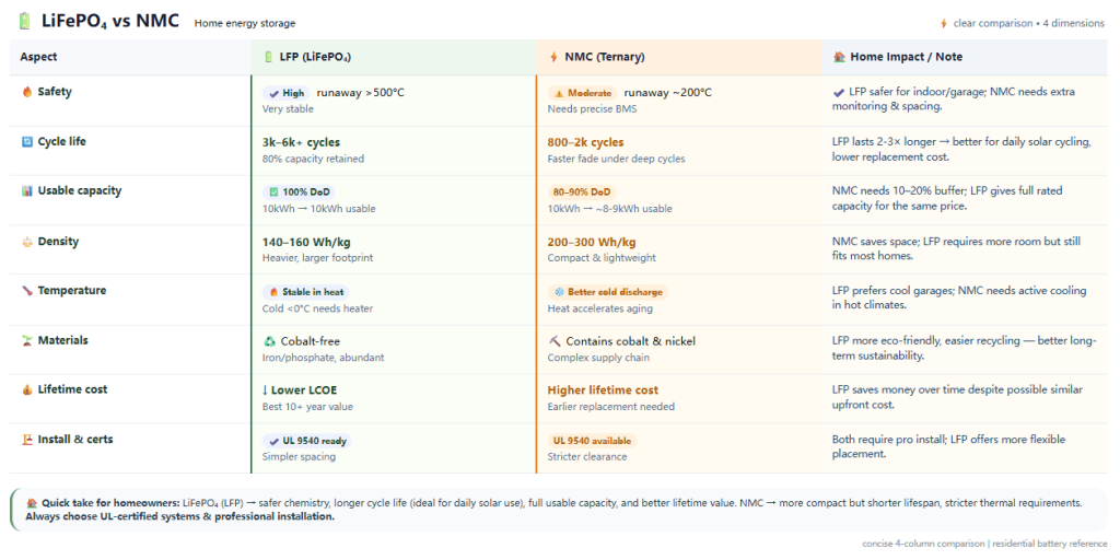 A comprehensive comparison table between LiFePO4 (LFP) and NMC (Ternary) batteries for home energy storage. The chart compares 8 aspects: Safety (LFP is safer), Cycle Life (LFP lasts longer), Usable Capacity (LFP offers 100% DoD), Density (NMC is more compact), Temperature, Materials (LFP is cobalt-free), Lifetime Cost (LFP is lower), and Certifications.