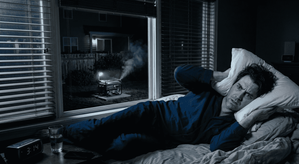 A man in bed covering his ears with a pillow due to the 90dB noise and fumes of a gas generator running outside his window at night.