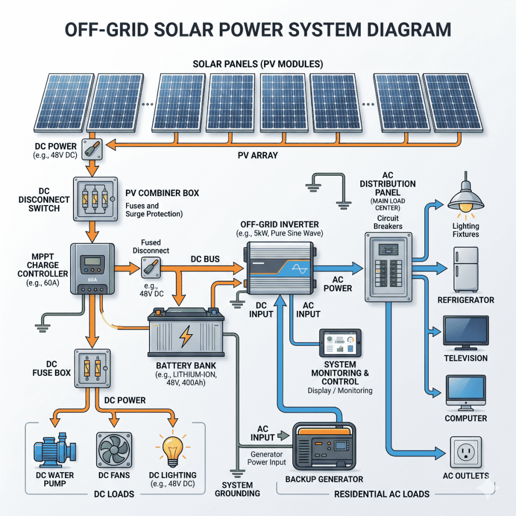 A detailed Off-Grid Solar System diagram showing the wiring and energy flow between solar panels, a PV combiner box, an MPPT charge controller, a battery bank, and an off-grid inverter.