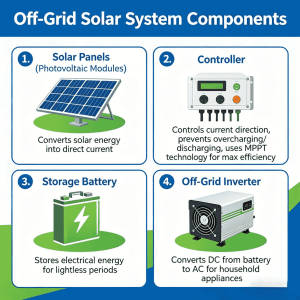 An illustration of the four core off-grid solar system components: solar panels (PV modules) for DC conversion, an MPPT controller to prevent overcharging, a storage battery for backup, and an off-grid inverter for AC household appliances