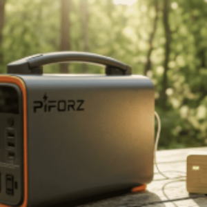 A compact Piforz PF300 300W portable power station on a picnic table in a sunny forest, highlighting its extreme portability for camping.