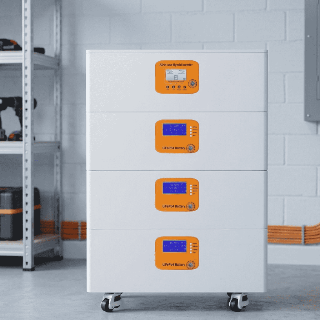 Close-up of an all-in-one off-grid inverter stacked on top of three LiFePO4 battery modules, showing digital status displays and mobile wheels. 