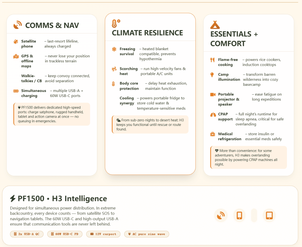 Infographic of the Piforz PF1500 showing survival capabilities: Comms and Nav support for satellite phones, Climate Resilience for freezing or scorching heat, and Essentials like CPAP support and medical refrigeration.