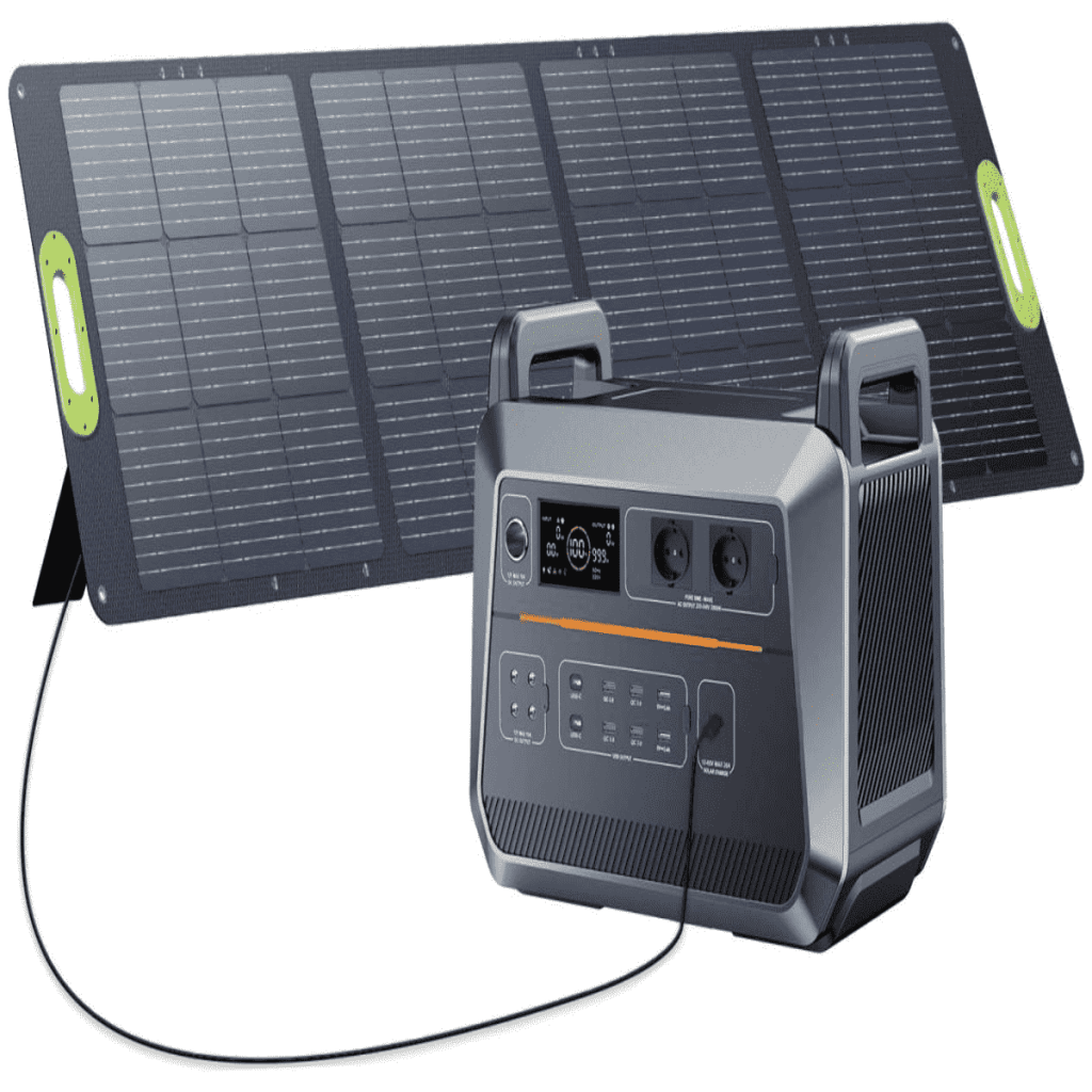 Piforz portable power station connected to a foldable solar panel, offering a plug-and-play LiFePO4 battery backup solution for 1-2 day home power outages.