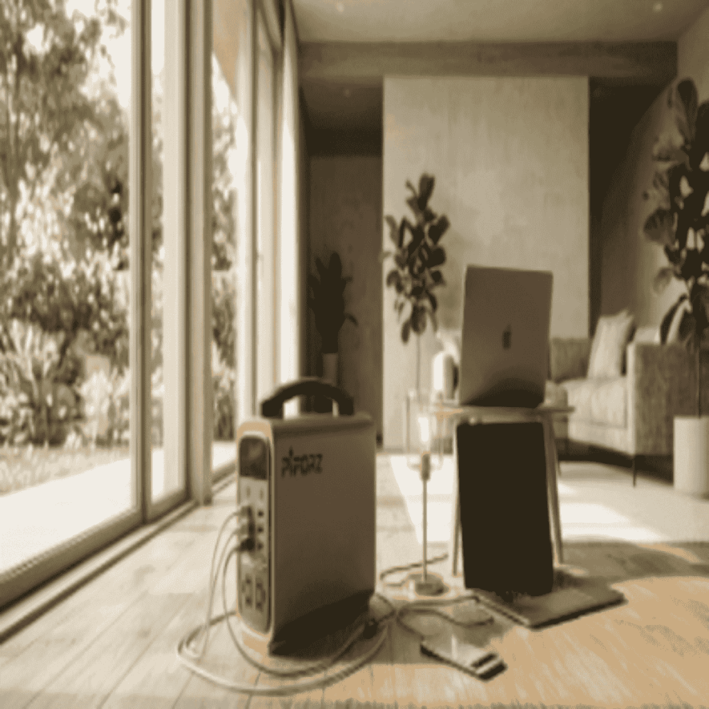 A compact portable power station charging a laptop and lamp in a modern living room, ideal for off-grid living and emergency backup.